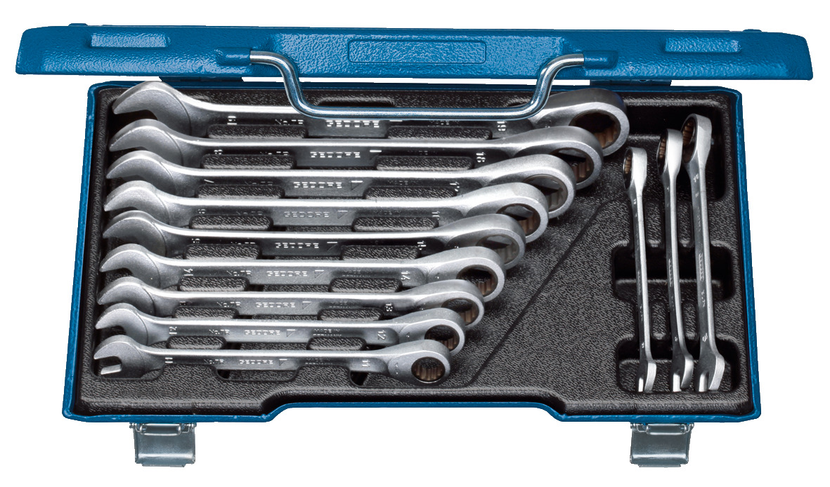 7 R-012 Set of open-end wrenches with ring ratchet, 12 pieces